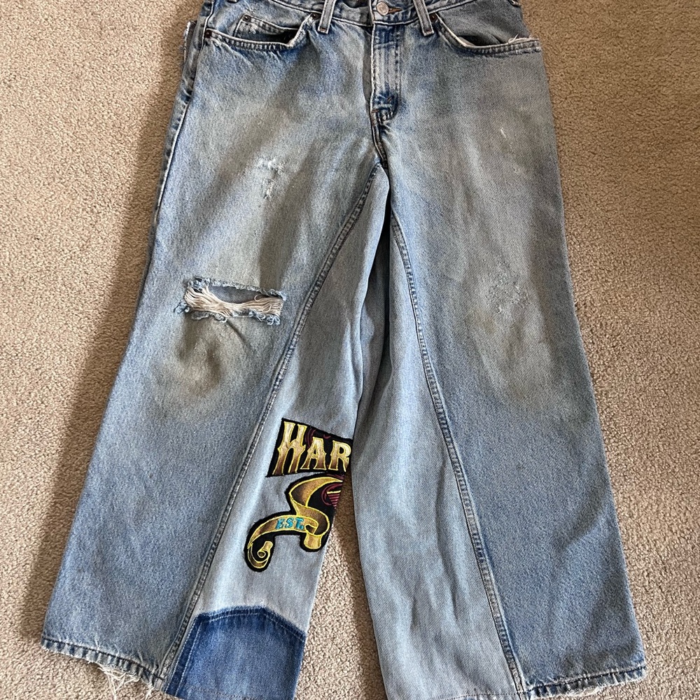 Custom baggy vintage levi x Harley Davidson jeans with embroidered logo